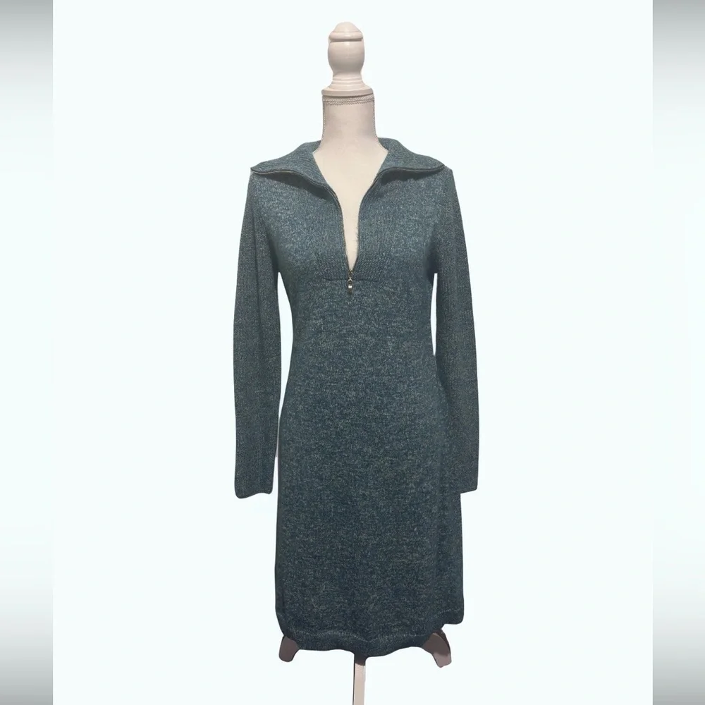 Talbots Zip-Front Sweater Dress | Small | Teal‎ Blue Knit Collared midi
